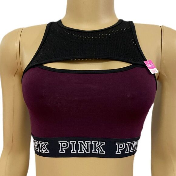 Victorias Secret Pink Sport Cotton Unlined High Neck Crop bra black wine Small - Picture 5 of 5